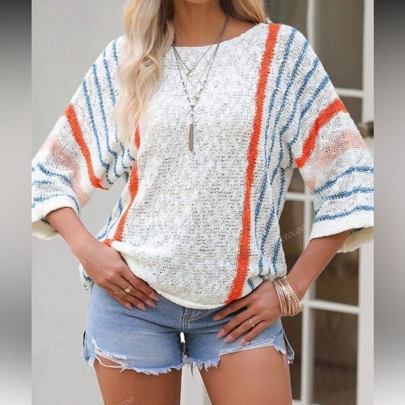 Women’s cream colored striped detail wide sleeve lightweight  sweater- NWOT - Picture 6 of 15